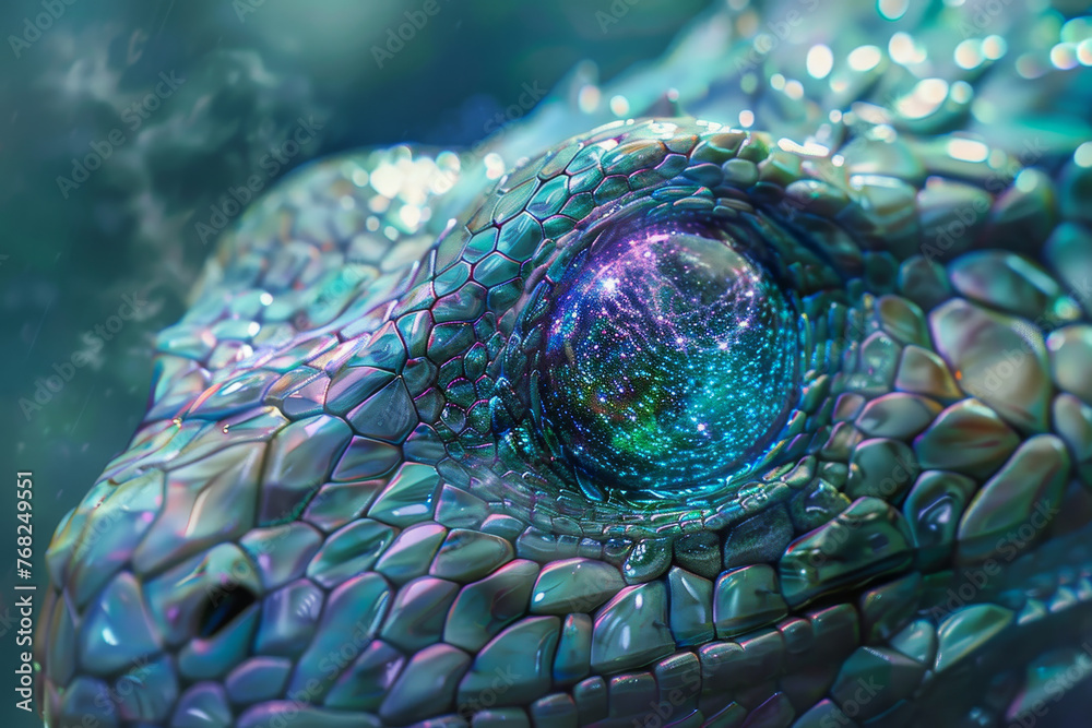 Obraz premium A close up of a lizard's eye with a blue iris and a green background