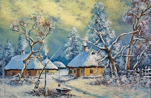 Oil paintings rural winter landscape, old house in winter forest
