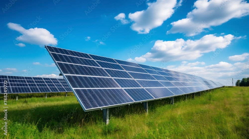 Solar energy panels in a green field with blue sky and sun Solar energy panels in a green field with blue sky and sun