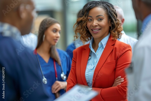A woman business leader in the health sector is shown consulting with a team of doctors and healthcare staff, embodying the theme of Health Day 