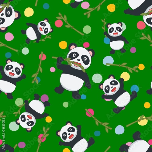 Cute Panda seamless pattern with colorful polka dots and green color background for kids