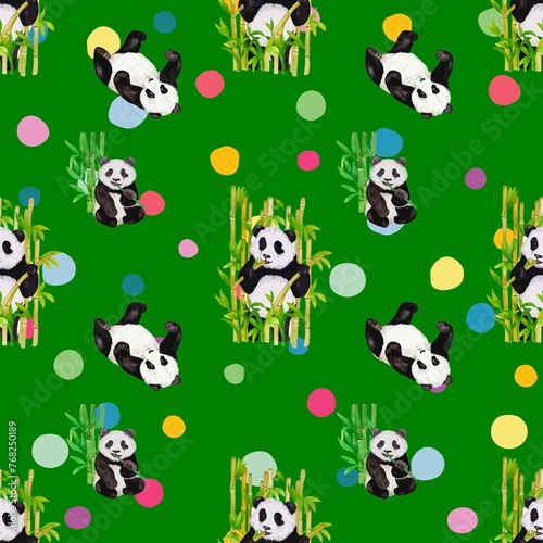 Cute Panda seamless pattern with colorful polka dots and green color background for kids