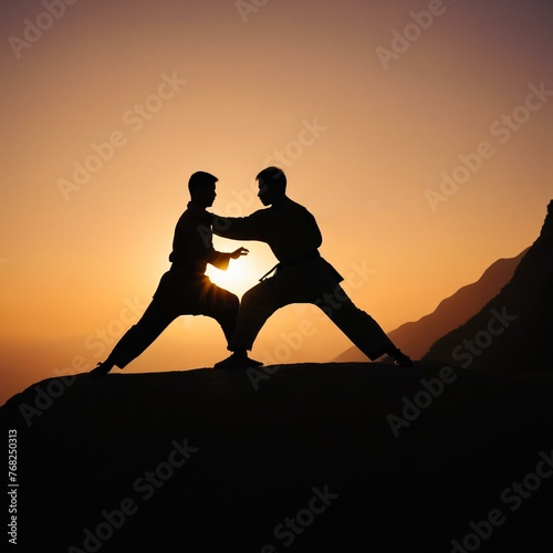 Silhouette of two men practicing wushu at sunset near a mountain cliff. Generative AI