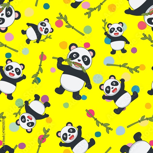 Fototapeta Naklejka Na Ścianę i Meble -  Cute Panda seamless pattern with yellow background for kids