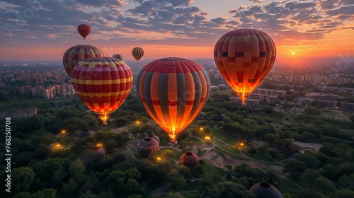 Hot air balloons flying over the city photo