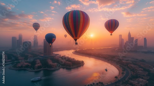 Hot air balloons flying over the city photo