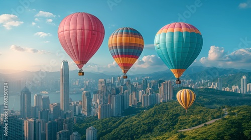 Hot air balloons flying over the city
