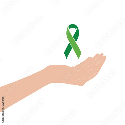 Mano con la palma abierta sosteniendo un lazo verde. Vector