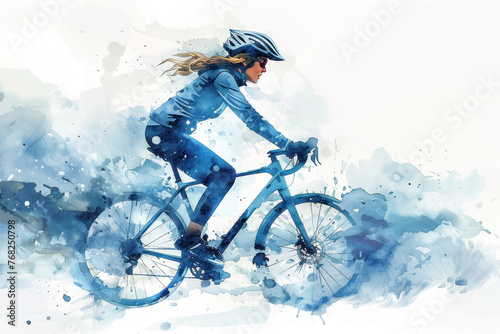 Blue watercolor painting of side view woman cyclist in road bike