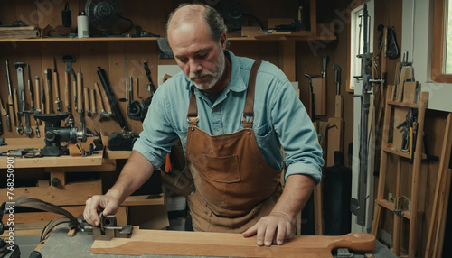 old mature professional artisan artist cratman working on new wooden handywork  photo