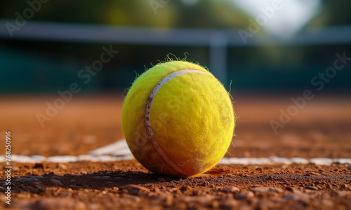 Yellow tennis ball on the baseline of a clay court © thodonal
