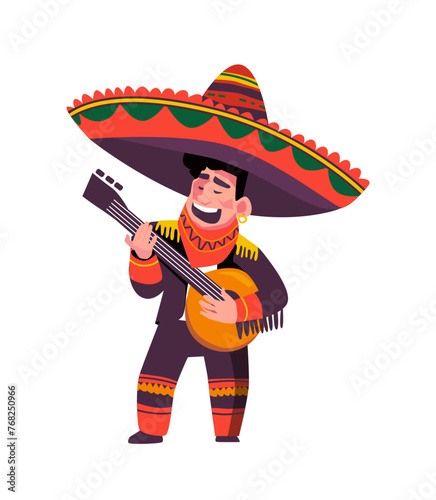 Mariachi. Expressive Mexican musician with banjo wearing traditional sombrero. Vector illustration isolated on white background.