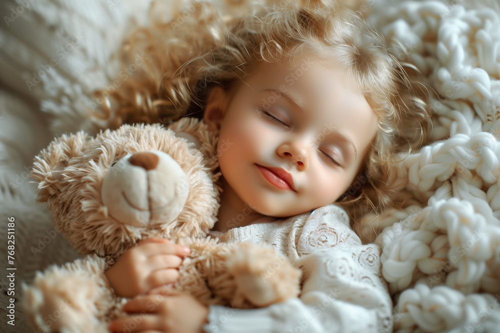 A charming little girl with light curly hair sleeps serenely, gently hugging a soft teddy bear, the concept of sleep and rest, healthy lifestyle and development A charming little girl with light curly hair sleeps serenely, gently hugging a soft teddy bear, the concept of sleep and rest, healthy lifestyle and development