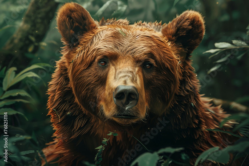 A bear is standing in a forest with its head held high