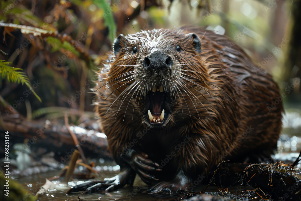 A beaver is standing in the water with its mouth open A beaver is standing in the water with its mouth open