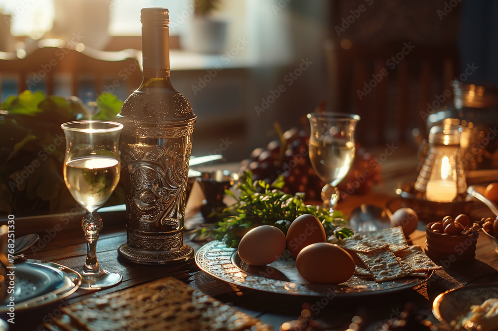 Pesah,Passover holiday composition card silver kearah, bottle of wine, matzo, egg, greens traditional Jewish Passover dishes.warm cozy soft evening light,cinematic atmospheric style,holiday mood