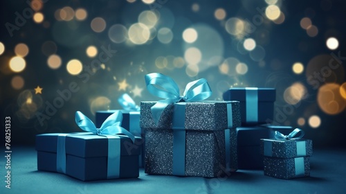 Blue gift boxes with glowing glitter on blurred background. New year, Christmas, thanks giving and surprise concept.