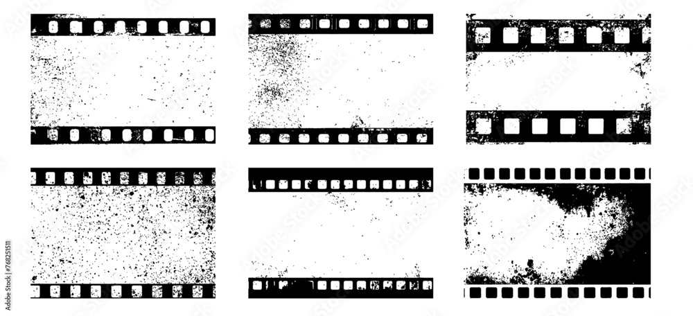 Fototapeta premium Set of 6 transparent vector grunge abstract movie film strip dirty poster background textures with dust overlay. Place artwork over any image to make distressed effect
