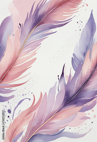 blush pink and lilac swashes in feather shape, watercolor paint 