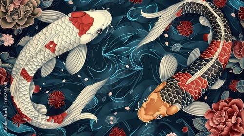 Two koi yin yang fish portrayed on a blue background with flowers in the style of dark crimson and dark beige, playful repetitions, luxurious fabrics created with Generative AI Technology