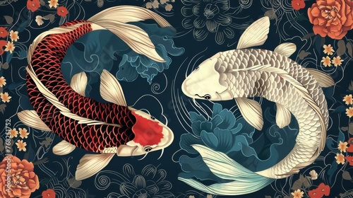 Two koi yin yang fish portrayed on a blue background with flowers in the style of dark crimson and dark beige, playful repetitions, luxurious fabrics created with Generative AI Technology photo