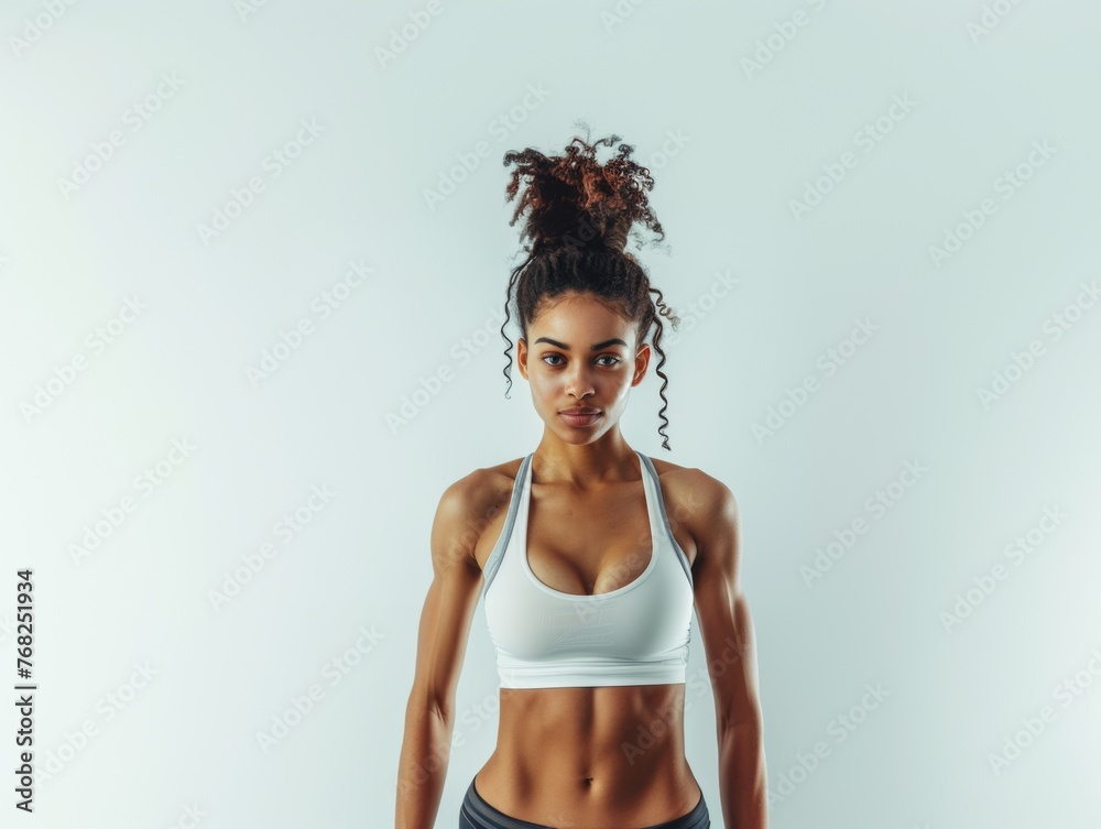 Obraz premium Attractive woman with a fashionable hairstyle in stylish sportswear. Fashion and beauty, active lifestyle and sports.