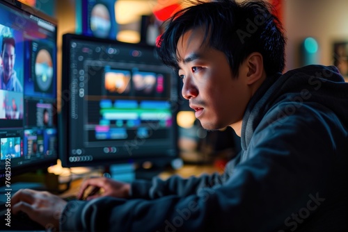 Japanese Man Editing Video on Computer Monitor