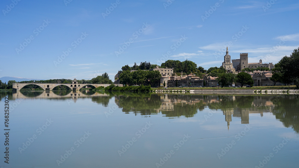 Avignon and Pont d'Avignon bridge panoramic view, popular tourist landmark, Provence, France