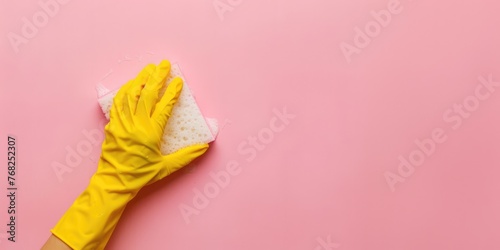 Hand in yellow glove is cleaning wall, copy space. Commercial cleaning company banner