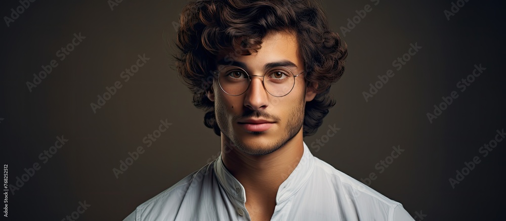 A young man with facial hair and glasses in formal wear is gazing at ...