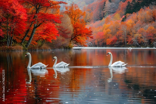 Behold the tranquility of a serene lake mirroring the vibrant autumn foliage of surrounding trees, accompanied by a family of swans elegantly gliding across the water.