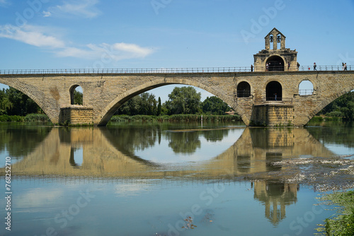 Pont d'Avignon bridge with chapel (Pont Saint Bezenett) close-up view, popular tourist landmark, Provence, France