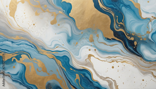 Abstract blue and gold marble texture with gold splashes, blue luxury background, 