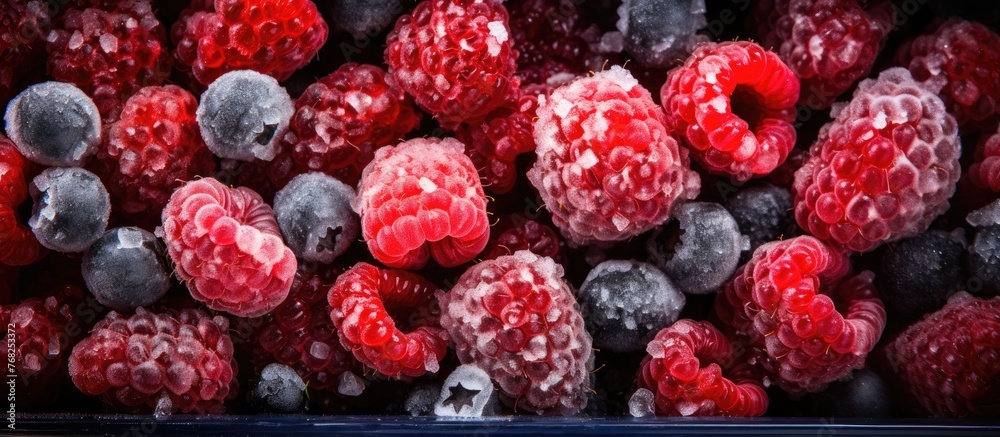 Raspberries and blueberries are mixed together in a frozen state, creating a colorful and flavorful combination of berries. - obrazy, fototapety, plakaty 