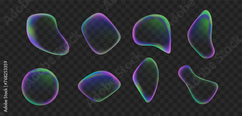 liquid iridescent transparent abstract sphere set isolated on black background. Gradient colorful round shapes of fluid splash rainbow bubble collection