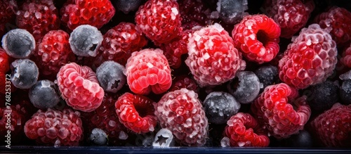 Raspberries and blueberries are mixed together in a frozen state, creating a colorful and flavorful combination of berries. photo