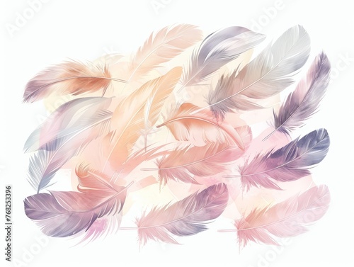 Multiple feathers scattered on a plain white surface, creating an interesting contrast of textures and shapes