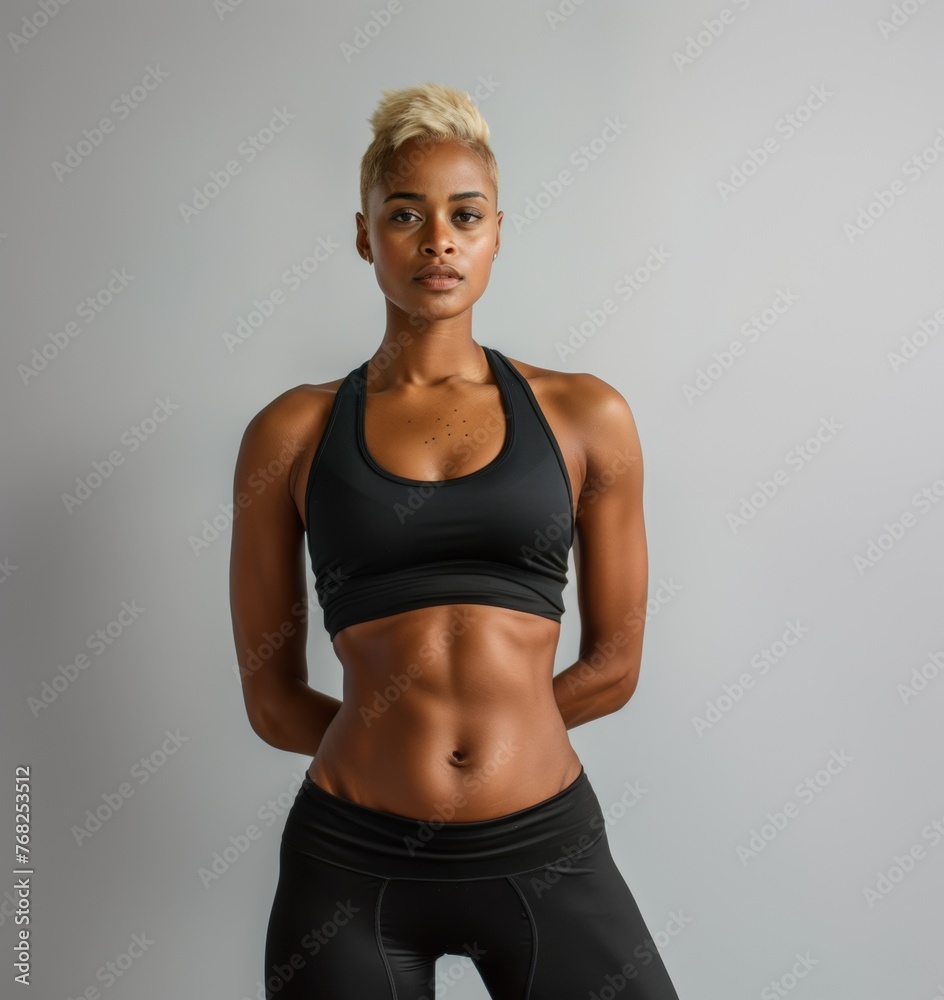 Athletic African American woman with short stylish haircut and bleached hair close-up. beauty and fashion, style and creativity. Athletic African American woman with short stylish haircut and bleached hair close-up. beauty and fashion, style and creativity.