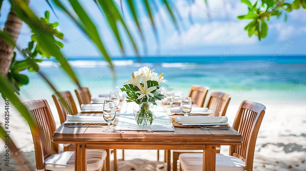 This captivating image features a beautifully set dining table on a serene beach