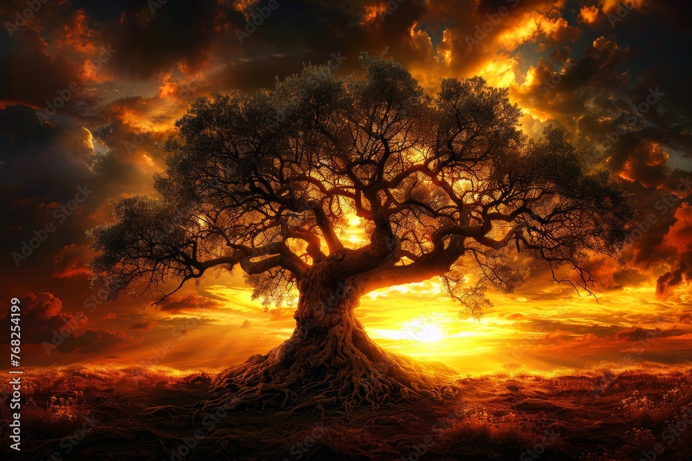 Majestic oak tree stands against a fiery sunset sky, with its expansive roots and branches silhouetted by the glowing sun Majestic oak tree stands against a fiery sunset sky, with its expansive roots and branches silhouetted by the glowing sun