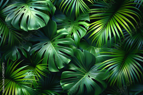 Tropical green leaves Monstera background. Flat lay, top view 