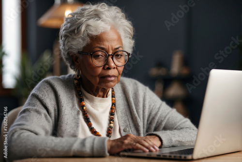 Seniorin mit Brille konzentriert am Laptop – Technik im Alter