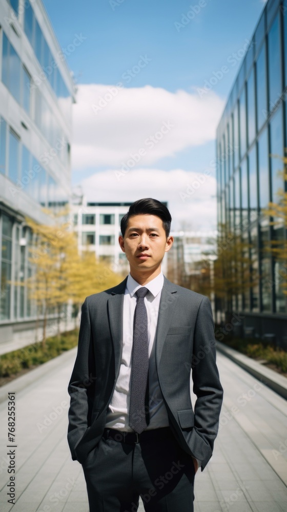 Young asian businessman standing in the middle of an urban street. Generative AI. Young asian businessman standing in the middle of an urban street. Generative AI.