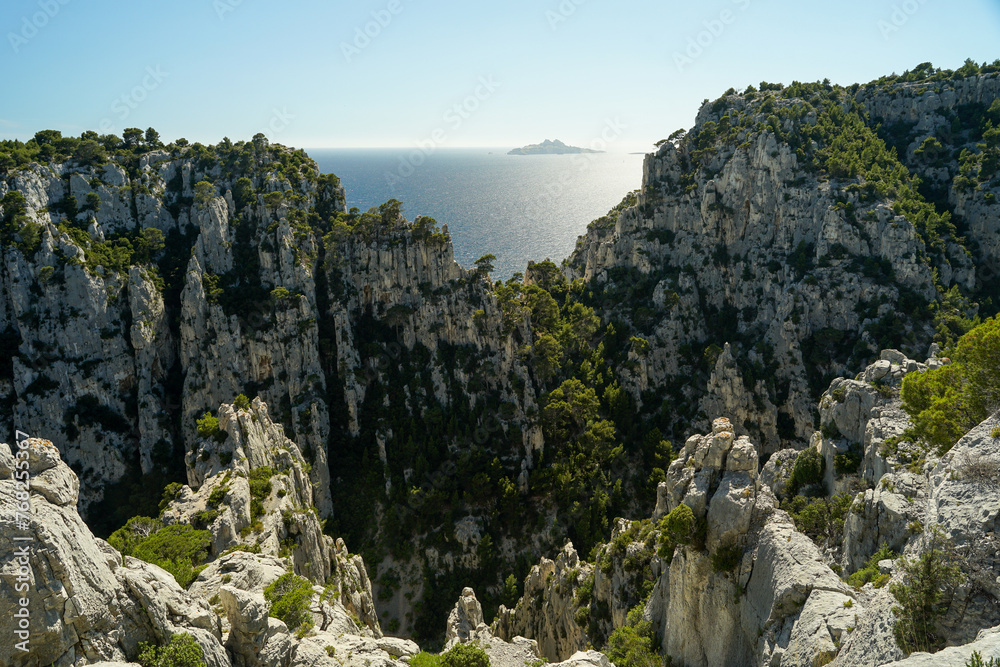 Calanques National Park steep cliffs above sea, beautiful summer holiday destination, Provence, France