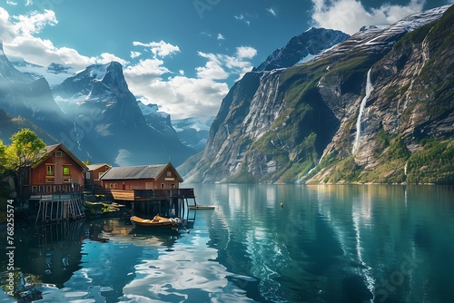 Scenic village with red houses on fjord shore, surrounded by mountains, reflecting in water.