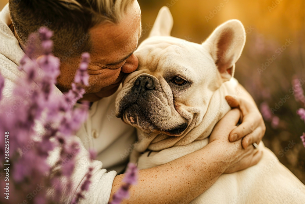 A man is hugging a white french bulldog in a field of purple flowers