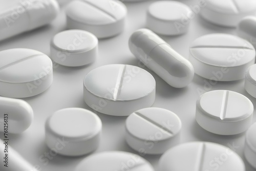 Closeup of various white pills and capsules representing pharmaceuticals health and treatment. Concept Medical treatment, Pharmaceutical industry, Health care, Medicine consumption, Pill capsules