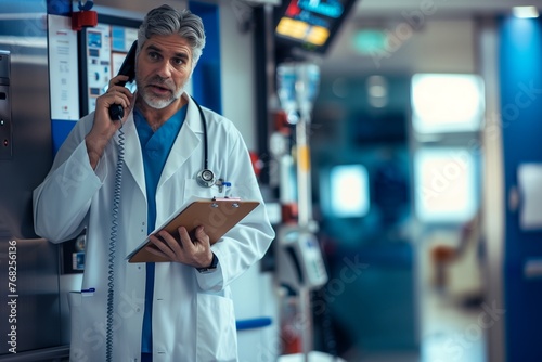 Health Day Assurance: Competent ER Physician in Dialogue Over Phone, Clipboard in Tow, Radiating Authority and Expertise in the Emergency Department of a Contemporary Hospital.