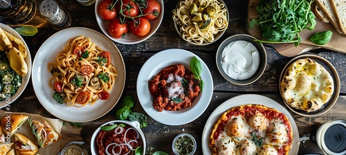 Italian Food Buffet From Above With Pasta, Pizza, Salads, Bread, And More photo