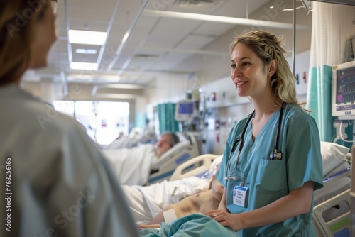 Health Day Compassion: Dedicated Nurse Providing Care to Patients in a Bright, Modern Hospital Ward, Exemplifying Professionalism and Empathy in Nursing.